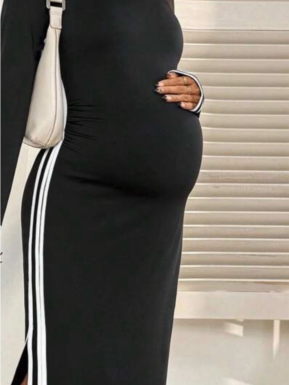 SHEIN Black Maxi Maternity Dress with White Side Stripes